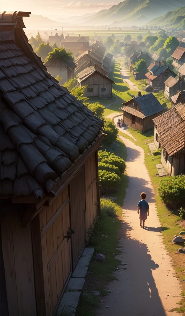 (anime, digital paint, children finding their way back home, village in the distance, hopeful expressions, early morning light breaking through, sense of new beginnings and safety)