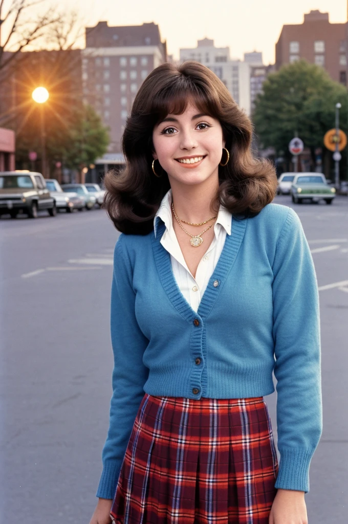 JoyceDewitt, 12 year okd girl, close-up photo of a wholesome american woman from the 1970s show "Three's Company" standing in a typical 1970s Preppy Plaid Skirt, fitted blouse and cardigan ensemble, hyperrealistic, city shopping, sunrise, beautiful blue sky wearing lots of jewelry