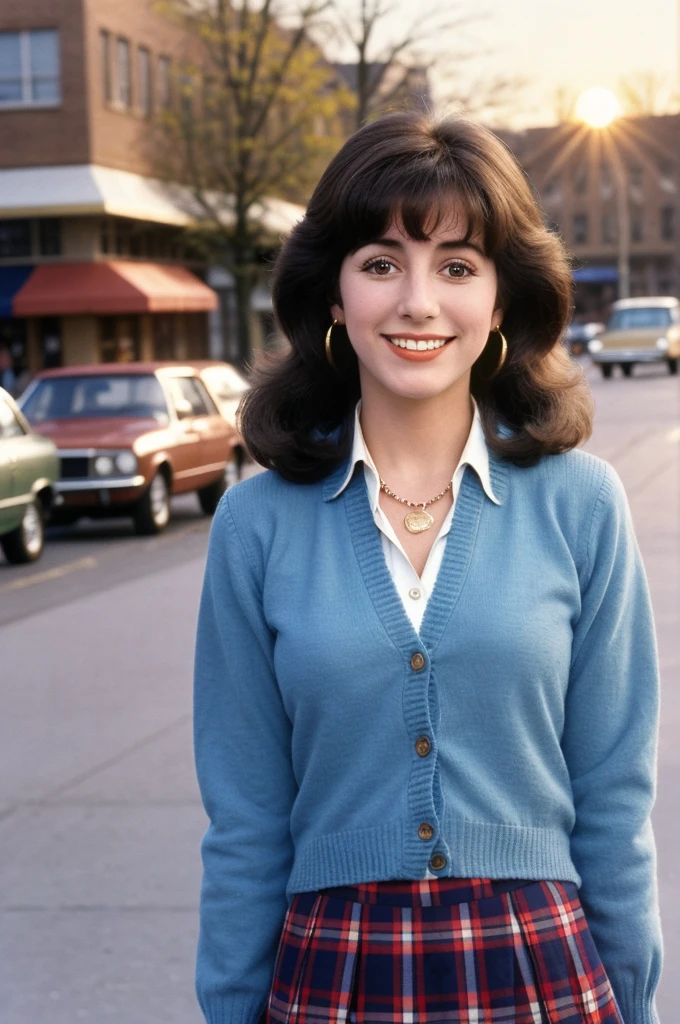 JoyceDewitt, 12 year okd girl, close-up photo of a wholesome american woman from the 1970s show "Three's Company" standing in a typical 1970s Preppy Plaid Skirt, fitted blouse and cardigan ensemble, hyperrealistic, city shopping, sunrise, beautiful blue sky wearing lots of jewelry