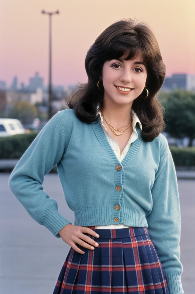 JoyceDewitt, 12 year okd girl, close-up photo of a wholesome american woman from the 1970s show "Three's Company" standing in a typical 1970s Preppy Plaid Skirt, fitted blouse and cardigan ensemble, hyperrealistic, city shopping, sunrise, beautiful blue sky wearing lots of jewelry