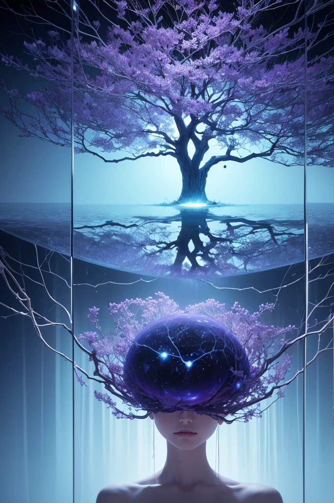 minimalist and elegant, the background in soft tones of blue and purple blends harmoniously, creating an atmosphere of serenity and introspection. In the center of the cover, the image of a mind emerges, represented in an abstract and symbolic way. The mind is portrayed as a tangle of thoughts and ideas, with connections and branches that reflect the complexity and depth of human thought. Subtle elements of reflection, like mirrors and intricate patterns, surround the representation of the mind, expanding the feeling of self-knowledge and reflection.