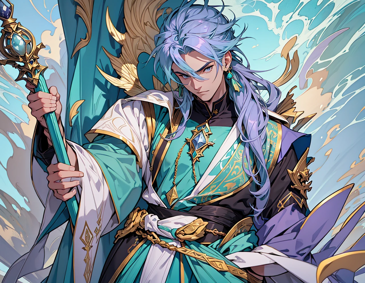 a wizard, blonde with sea green and purple hair tips, with a staff with light blue colors, dark blue, rocky and aqua green, he has an elegant black outfit, with a white cover with gold accessories