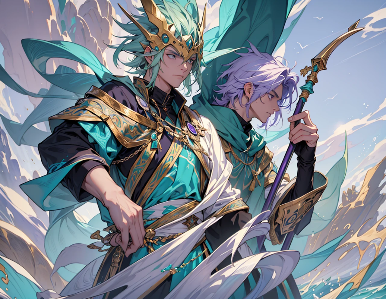 a wizard, blonde with sea green and purple hair tips, with a staff with light blue colors, dark blue, rocky and aqua green, he has an elegant black outfit, with a white cover with gold accessories 