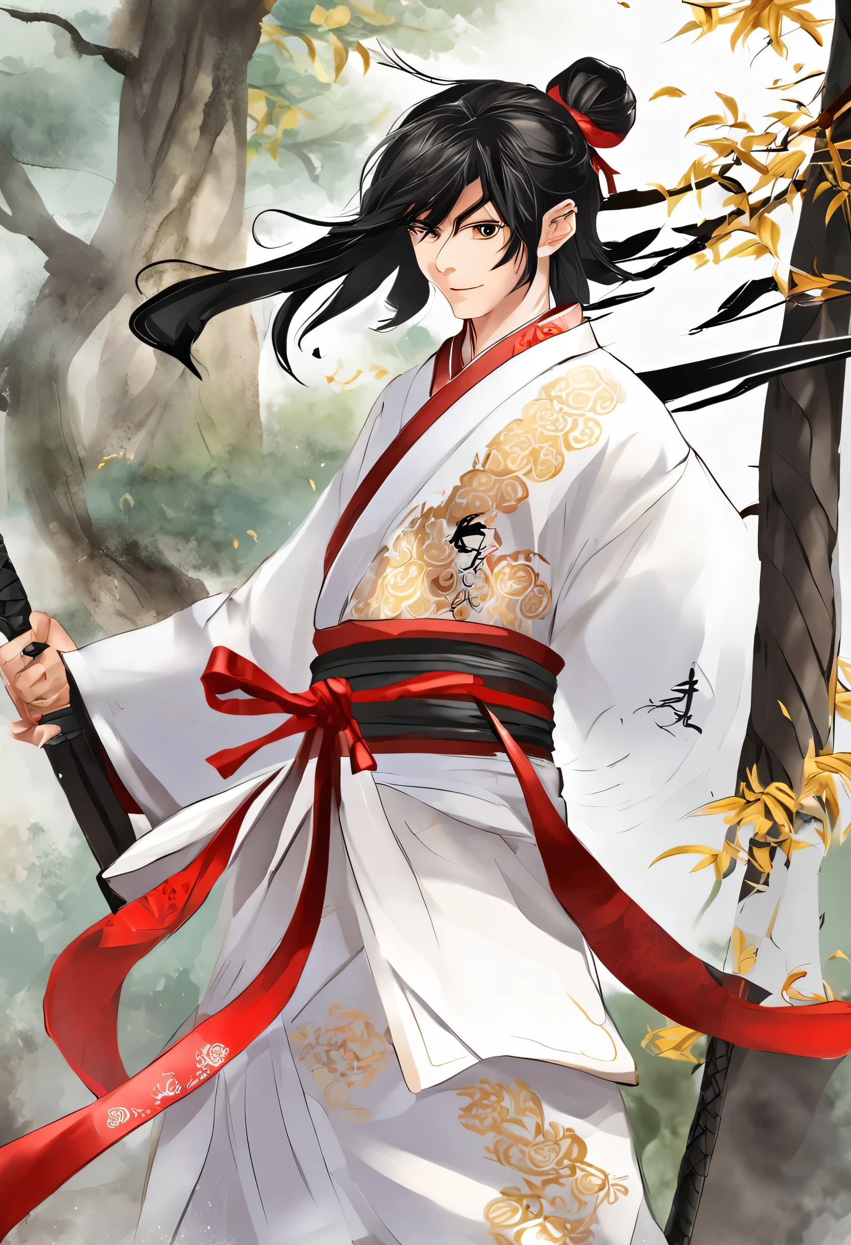 China-style。Martial arts boy,male people,Handsome face,Eyebrows are like swords,A pair of bright eyes reveal firm determination and endless wisdom。Short black hair flutters in the breeze,Pitch-black warrior costume,Fits snugly into shape,The robe is embroidered with gold wire,The pattern outlines a delicate pattern,Holding a steel longsword,The body of the sword is inlaid with gemstones shining with cold light。Foot on the clouds