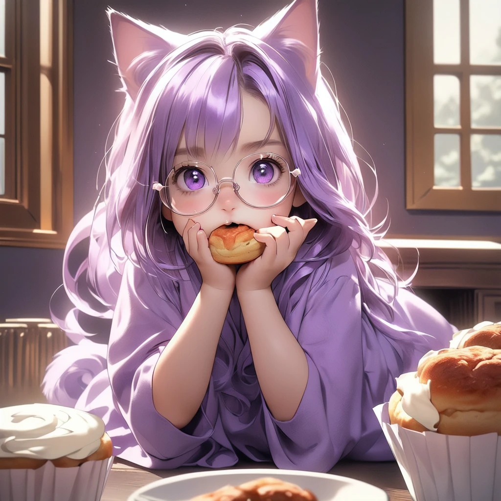 ((masterpiece)), (best quality), (ultra-detailed), photorealistic, (best illustration), ((an extremely delicate and beautiful)), 1boy, solo, long hair, lilac cat ears, [:lilac cat tail under:0.2], full body, very young, Cute, angry, eating muffin, territorial, hiding food from viewer, purple eyes, shortstack, ???, Crumbs on cheeks, glasses. 
