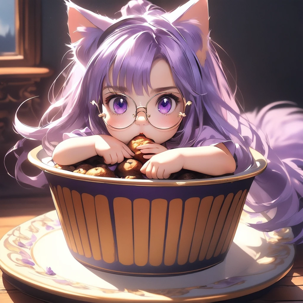 ((masterpiece)), (best quality), (ultra-detailed), photorealistic, (best illustration), ((an extremely delicate and beautiful)), 1boy, solo, long hair, lilac cat ears, [:lilac cat tail under:0.2], full body, very young, Cute, angry, eating muffin, territorial, hiding food from viewer, purple eyes, shortstack, ???, Crumbs on cheeks, glasses. 