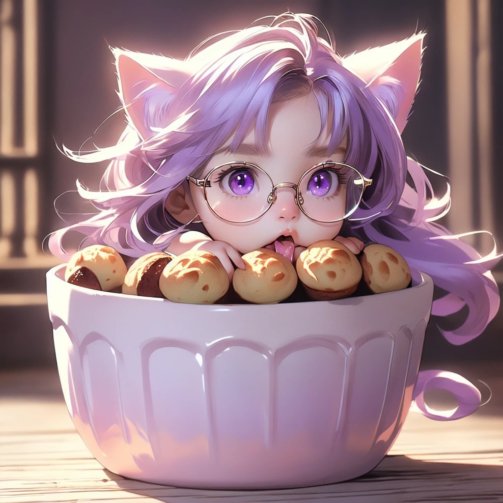 ((masterpiece)), (best quality), (ultra-detailed), photorealistic, (best illustration), ((an extremely delicate and beautiful)), 1boy, solo, long hair, lilac cat ears, [:lilac cat tail under:0.2], full body, very young, Cute, angry, eating muffin, territorial, hiding food from viewer, purple eyes, shortstack, ???, Crumbs on cheeks, glasses. 