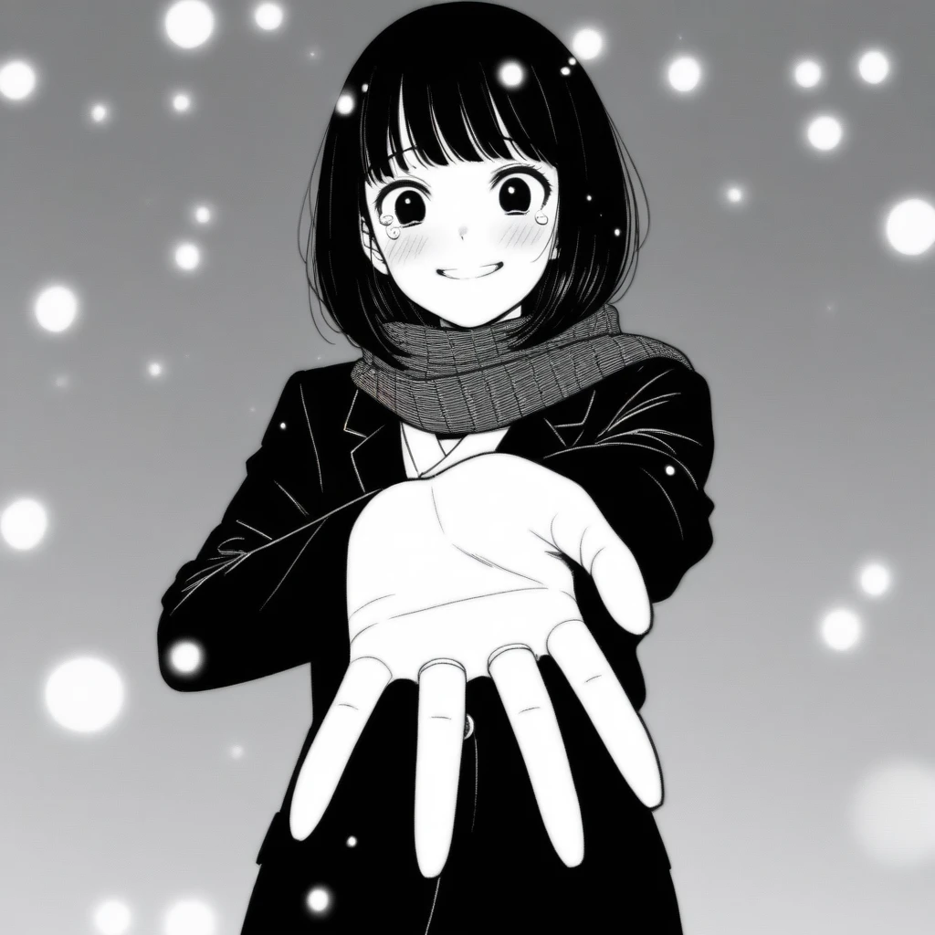 masterpiece, best quality, 1girl, mamerakkkkko, grayscale, manga style, japanese, chi no wadachi, black eyes, street, iced, black hair, schoolbag, smile, lineart, black coat, black scarf, black pleated skirt, leggins, centered, adult female:1.4, tall, fair skinned, bokeh background, crying, tears, tears streaming, bob cut, light particles, centered, snowing, (((reaching out left hand to viewer, perfect hand, detailed hand:1.1)), emotional anime scene