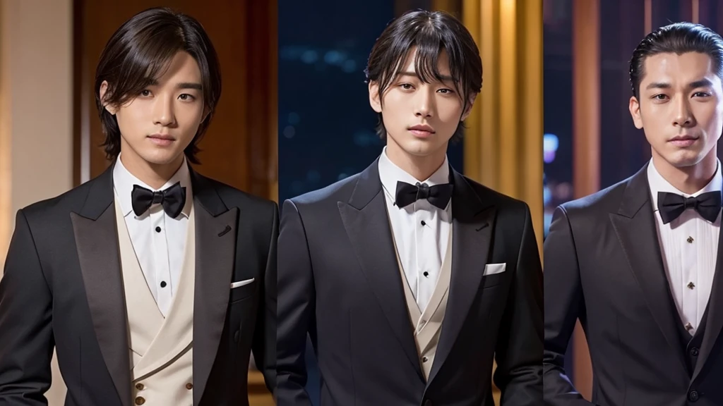 A photo of a man with his bangs down and another with his hair slicked back, Japanese, Luxury Suits, banquet hall