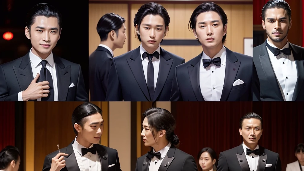 A photo of a man with his bangs down and another with his hair slicked back, Japanese, Luxury Suits, banquet hall