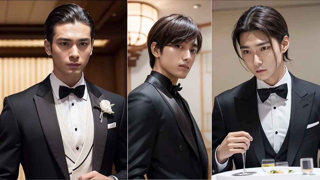 A photo of a man with his bangs down and another with his hair slicked back, Japanese, Luxury Suits, banquet hall