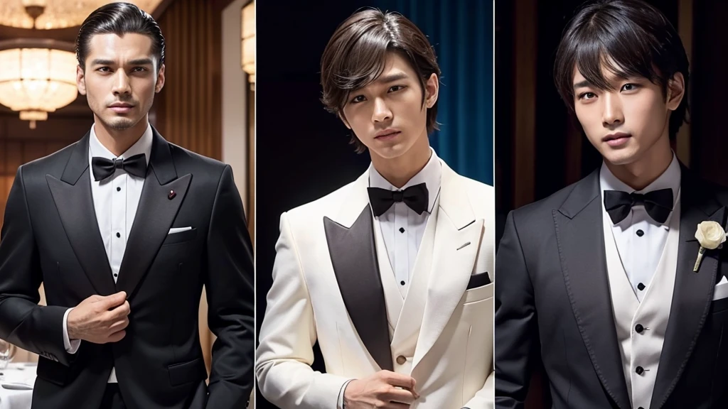 A photo of a man with his bangs down and another with his hair slicked back, Japanese, Luxury Suits, banquet hall