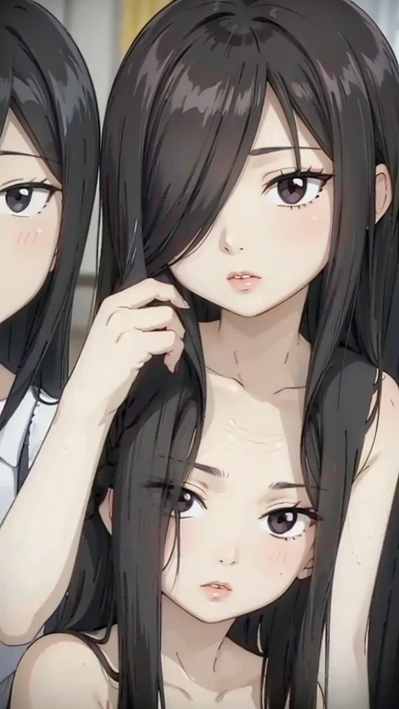 Mommy with 4 daughter,black hair, long hair, (hair over one eye:1.4), messy hair, hair between eyes, chubby cheek,Sexy lips, pucker lips