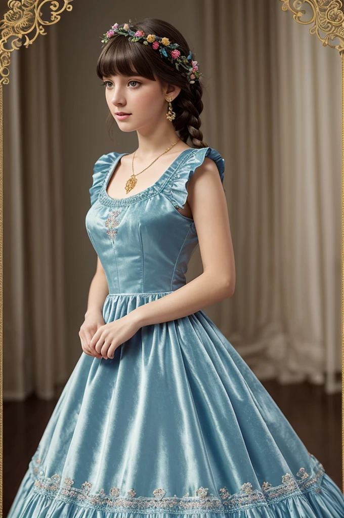 very beautiful girl, Russian,18 years, long dress, high quality transparent fabrics, blue ball gown, pleated, Flounced, puffs, velvet, embroidery, braid, artificial flowers, buttons, ruffles, apron-shaped folds, as well as various jewelry, a lot of fabric, Decoration Materials; Have bangs, Hair dark brown, pretty haircut; 19th century, "color photography"