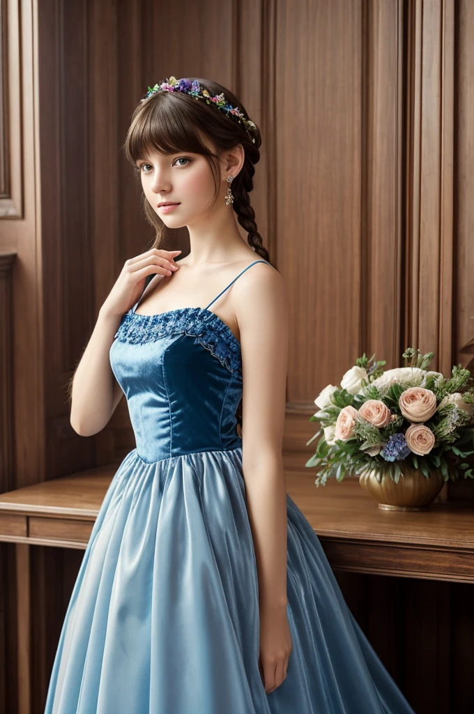 very beautiful girl, Russian,18 years, long dress, high quality transparent fabrics, blue ball gown, pleated, Flounced, puffs, velvet, embroidery, braid, artificial flowers, buttons, ruffles, apron-shaped folds, as well as various jewelry, a lot of fabric, Decoration Materials; Have bangs, Hair dark brown, pretty haircut; 19th century, "color photography"