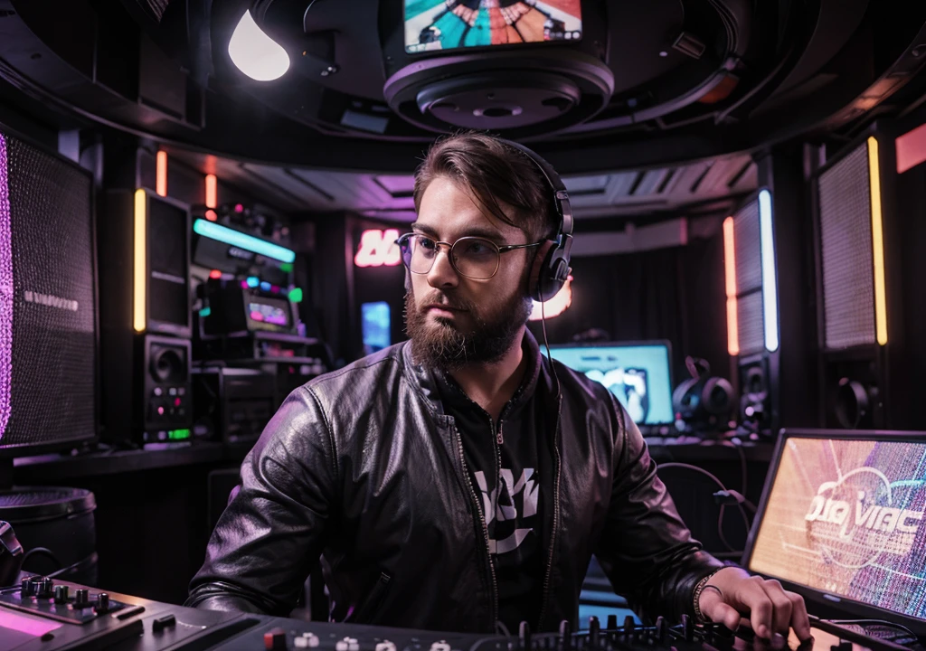 naughty man, with beard, 28 year old DJ, using big headphones, big glasses, putting sound at a rave party, ultrarealistic