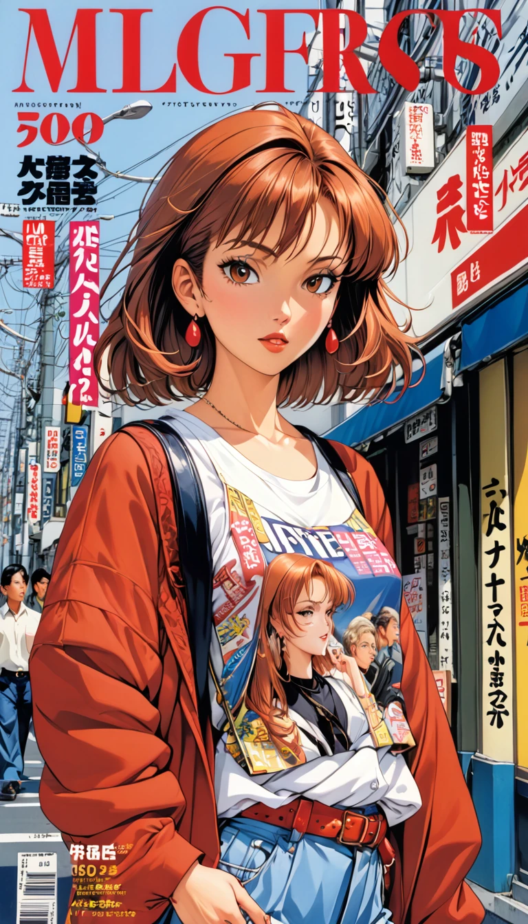 masterpiece, best quality, very aesthetic, (magazine cover:1.0), illustrated advertising, 1woman, street clothes, 1990s (Style), tokyo, intricate details, japan