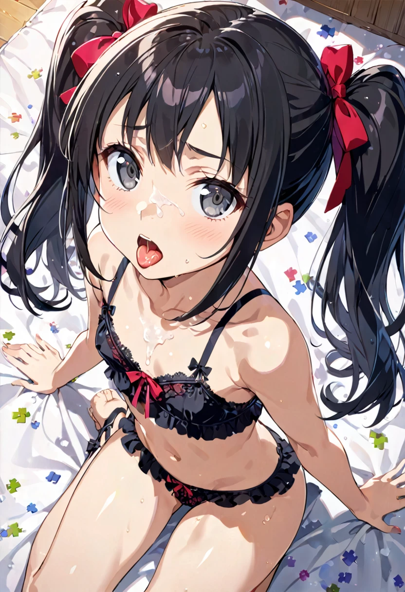 Beautiful girl at ,Japanese,,,Small and slim,Flat Chest,Small breasts,Baby Face,Small face,Black Hair,Twin tails,Grey Eyes,middle School girls,Sexy Lingerie,open mouth,tongue out,Kneeling and sitting,Beautiful and detailed anime art,puzzled look,high angle, looking at viewer, looking ahead, from above,cowboy shot,Sexy vibe,cum on tongue
