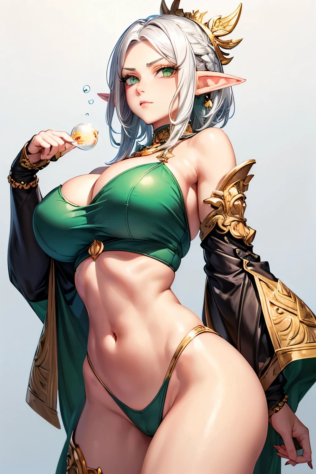 (White background), (masterpiece), (full body view:1.1), (naturally beautiful female:1.1), (elf warrior:1.2), (short messy silver hair:1.1), (green eyes:1.1), (long black eyelashes:1.1), (perfect skin and nails:1.1), (round breasts), (bubble butt), (wide hips:1.1), (slim waist:1.1), (thick thighs:1.1), (detailed face and eyes:1.2), wearing (gold and green metal crop top:1.2), (natural style outfit:1.1), (detailed hand and finger:1.2), (medium breasts:1.2), (busty), (deep cleavage:1.2), (labia outline:1.3), (hard teat:1.3).