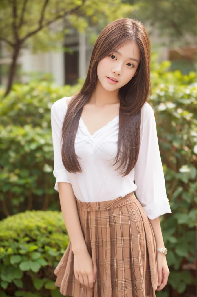 A filipina young girl, tanned skinned, teen baby face, long straight messy hair, random pose、top-quality、A high resolution、(Photorealsitic:1.5), seductive skirt、(Brown hair:1.2)、(flat chested:1.2)、Classroom、looking at viewert、a closeup、full body Esbian、Nasty eyes, seducing viewer