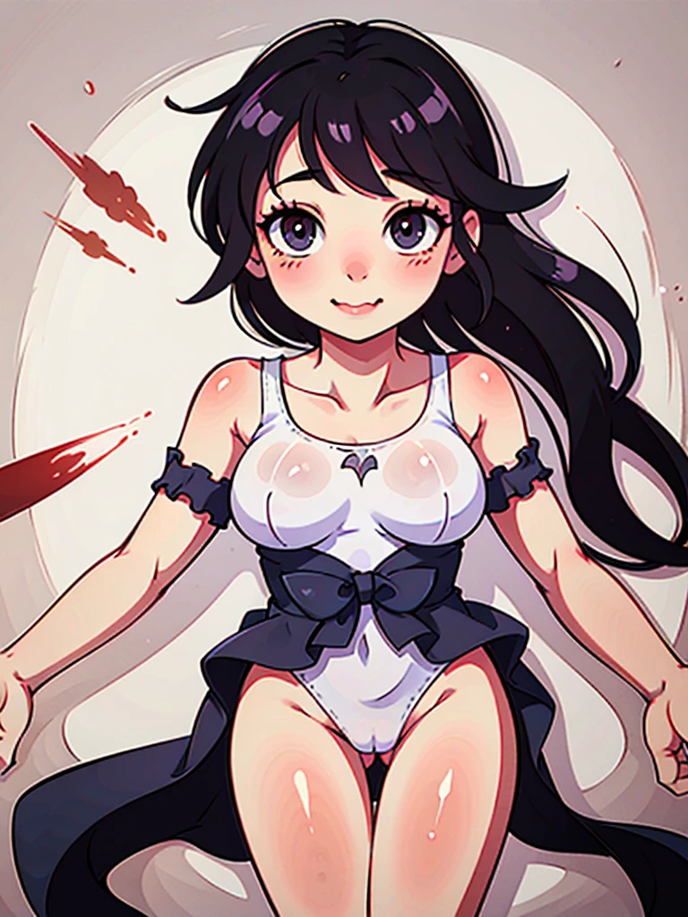 (Highest quality), (masterpiece), highly detailed, A young girl, Riho Yoshioka, is lying on her back on a bed with her legs spread apart, wearing a see-through white swimsuit. A penis is inserted deep into the vagina of the girl and ejaculated inside her., body, whole body, Eyes that are evenly shaped, Big eyes, Droopy eyes, A dreamy look, Seductive pose, very very short hair, Almost flat breasts, she does shy smile, she is blushing, She has a full head of pubic hair, Beautiful Vagina, get creampied, She is gasping with her mouth open, A simple background with just a sheet,