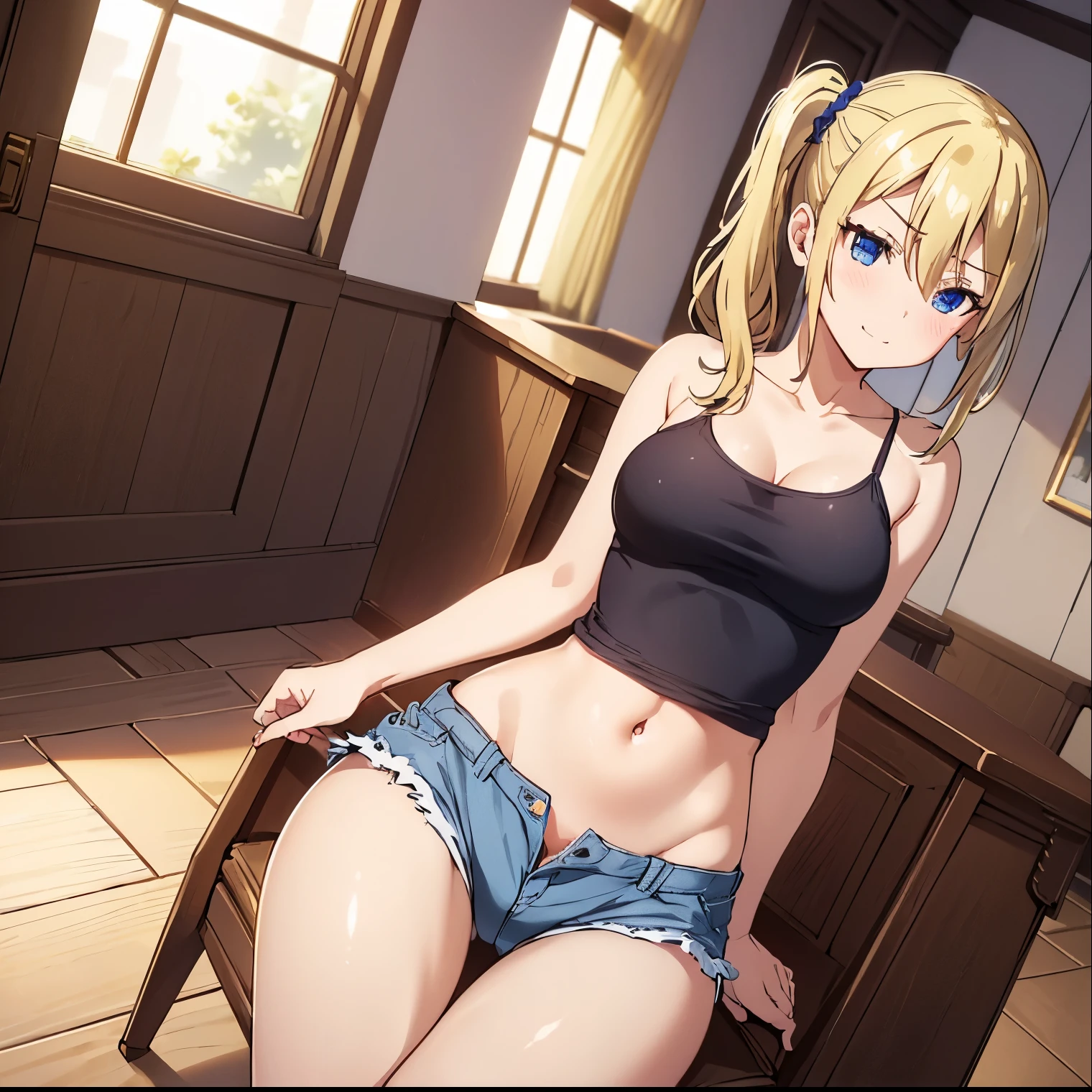 ((1girl)),((alone)), Ai Hayasaka,masterpiece,best quality,high resolution,ultra detailed,dynamic pose,cowboy shot,detailed eyes,perfect fingers,looking at viewer,perfect body,blue scrunchie,side ponytail,hair between eyes , blue eyes, blonde hair, hair ornament, medium breasts, narrow waist, wide hips, wide thighs, round butt,(( underwear, shorts, panties, breasts, open fly, ribbon, navel, , large breasts, camisole white, cleavage, smile, bow panties, two sides up, midriff, unbuttoned, black shorts, open shorts, denim, sitting, unbuttoned)),(indoor, school classroom, window, sunny),((solo)), (standing), tears, frowning, looking forward,((focus on breasts)),pov(from middle),perfect anatomy,perfect hands