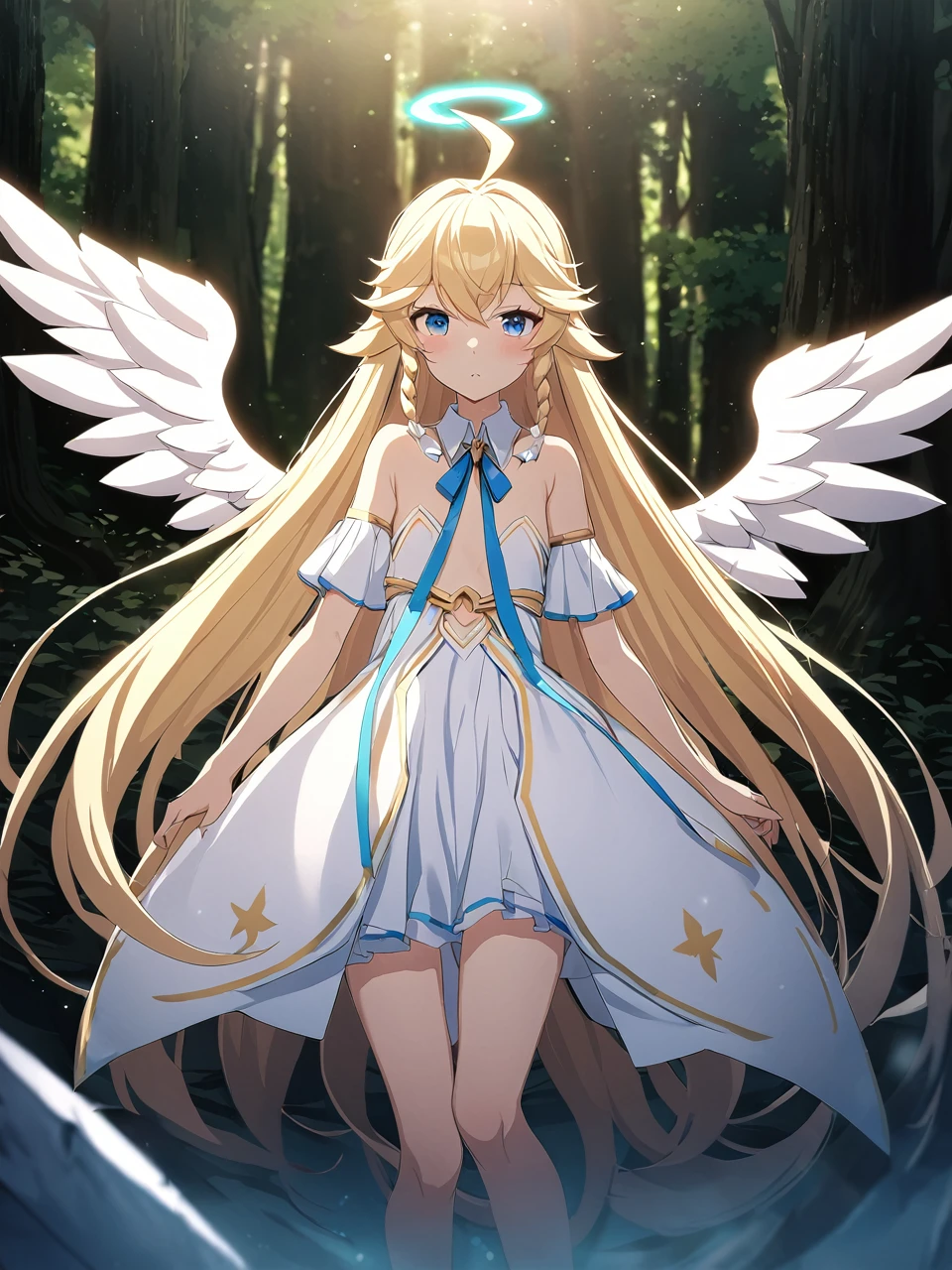 Zaora, blue eyes, (Variegated eyes:0.5), Blonde, Very long hair, Twin Blade, bangs, Ahoge, Hello, Angel, Flat Chest, White Dress, Belly button cutout, Detachable collar, Strapless, Neck ribbon, Bare shoulders, Angel wings, barefoot, One girl, Solo Break Space, forest, Depth of written boundary, Cinematic, masterpiece, Highest quality, Game CG