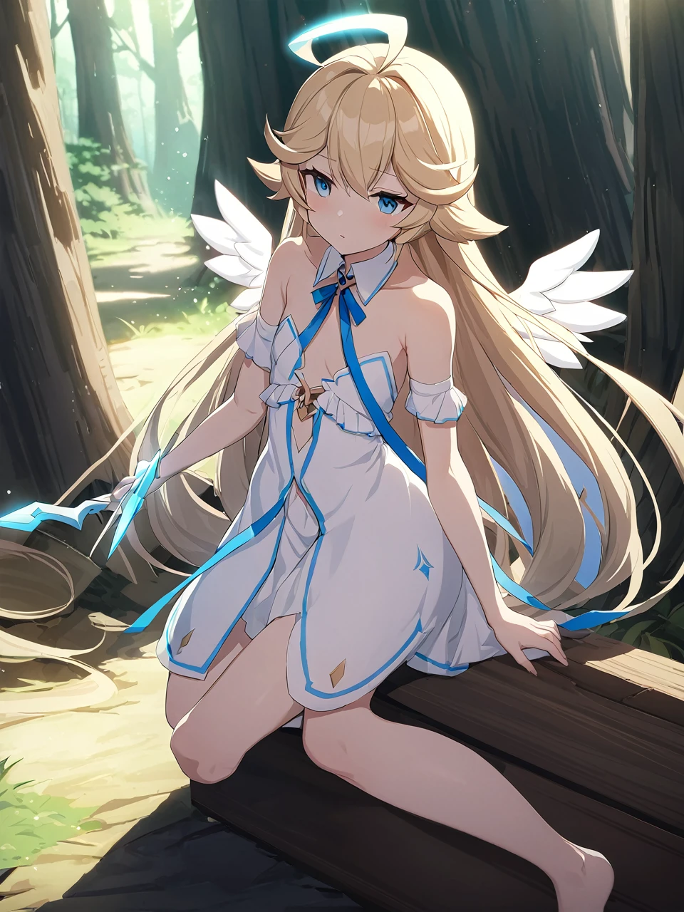 Zaora, blue eyes, (Variegated eyes:0.5), Blonde, Very long hair, Twin Blade, bangs, Ahoge, Hello, Angel, Flat Chest, White Dress, Belly button cutout, Detachable collar, Strapless, Neck ribbon, Bare shoulders, Angel wings, barefoot, One girl, Solo Break Space, forest, Depth of written boundary, Cinematic, masterpiece, Highest quality, Game CG