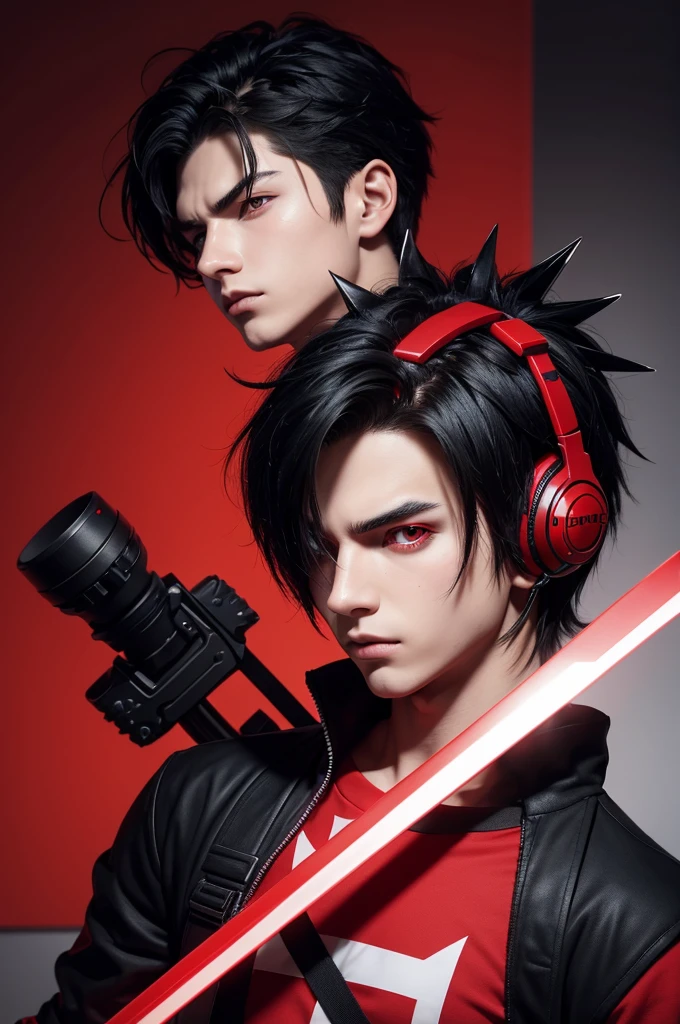 Create a boy character with spiky black hair, with a red eyes, using a red and black headset, wearing a red shirt with a black stripe underneath, Holding a red sword in his hand