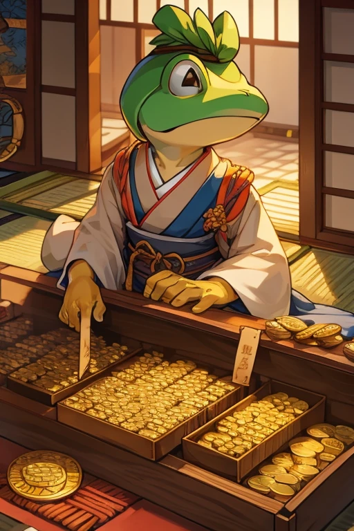 Frog Merchant,abacus,Counting gold coins,Japanese clothing