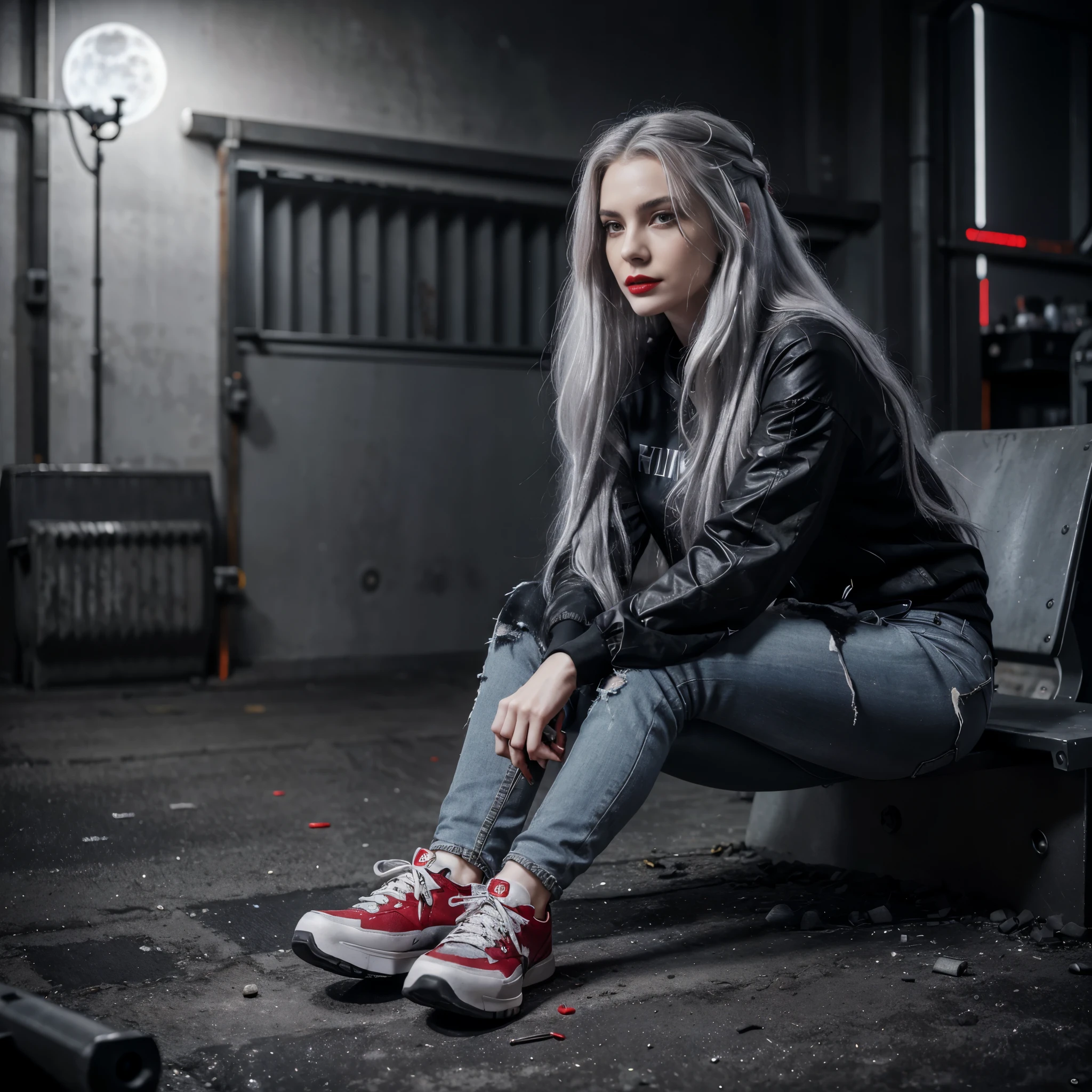 (Sci-fi fantasy), (Masterpiece), (professional oil painting) (best quality), (8k resolution), (1 beautiful girl), ((pale gray skin)), (iron gray skin), ((jeans clothes)),(red jacket)), ((black t-shirt underneath), ((red lipstick)), ((black sneakers)), (comcept art), , (long hair), (messy hair), (white hair), (iron gray hair), ((with futuristic weapon)), (ammunition), ((moonlight of the night)), (sitting thinking))