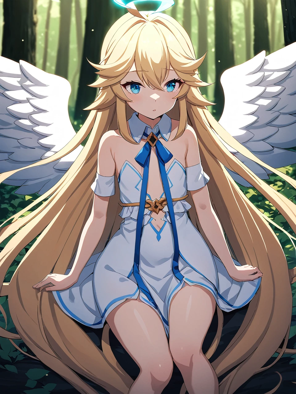 Zaora, blue eyes, (Variegated eyes:0.5), Blonde, Very long hair, Twin Blade, bangs, Ahoge, Hello, Angel, Flat Chest, White Dress, Belly button cutout, Detachable collar, Strapless, Neck ribbon, Bare shoulders, Angel wings, barefoot, One girl, Solo Break Space, forest, Depth of written boundary, Cinematic, masterpiece, Highest quality, Game CG