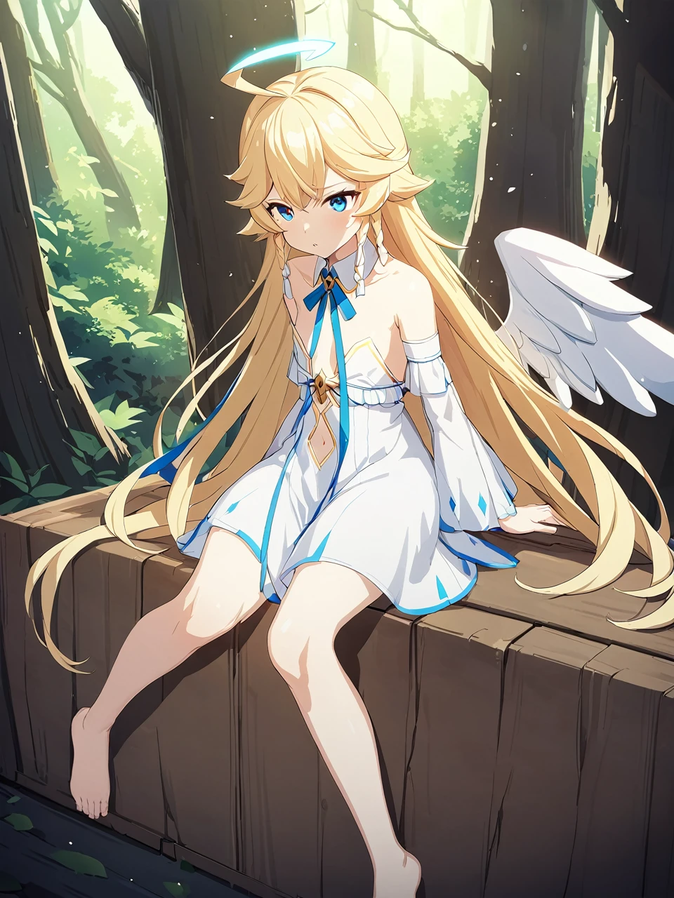 Zaora, blue eyes, (Variegated eyes:0.5), Blonde, Very long hair, Twin Blade, bangs, Ahoge, Hello, Angel, Flat ?????, White Dress, Belly button cutout, Detachable collar, Strapless, Neck ribbon, ???? shoulders, Angel wings, barefoot, One girl, Solo Break Space, forest, Depth of written boundary, Cinematic, masterpiece, Highest quality, Game CG