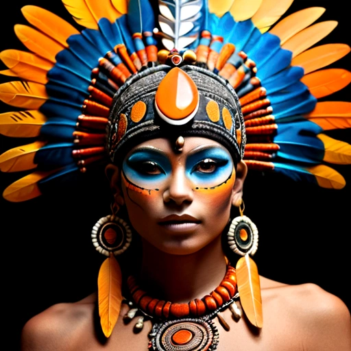 create an image of a warrior or shamanic figure, incorporating elements of power and ancestry. The figure should be in a low-light environment, focusing on their facial features and elaborate adornments. The figure must wear a majestic headdress, with vibrant feathers in shades of orange and yellow, standing out against the dark background. Your face should be painted with geometric patterns and fluorescent lines that glow in the dark, suggesting a connection to mystical or technological forces. The headdress should be richly decorated with metallic details and jewelry that reflect a deep cultural heritage. The expression on the figure's face must be intense and determined, conveying strength and wisdom. Lighting should emphasize the details of adornments and face paint, creating an atmosphere of mystery and reverence. The background of the image must have several geometric mandalas in a dark tone, further highlighting the central figure and its impressive adornments.