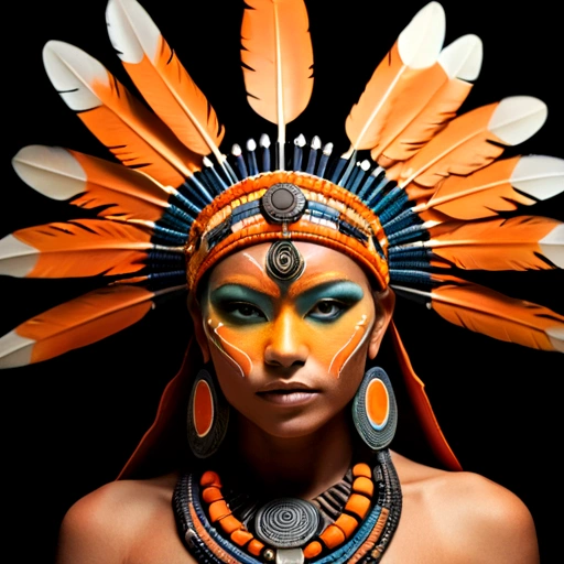 create an image of a warrior or shamanic figure, incorporating elements of power and ancestry. The figure should be in a low-light environment, focusing on their facial features and elaborate adornments. The figure must wear a majestic headdress, with vibrant feathers in shades of orange and yellow, standing out against the dark background. Your face should be painted with geometric patterns and fluorescent lines that glow in the dark, suggesting a connection to mystical or technological forces. The headdress should be richly decorated with metallic details and jewelry that reflect a deep cultural heritage. The expression on the figure's face must be intense and determined, conveying strength and wisdom. Lighting should emphasize the details of adornments and face paint, creating an atmosphere of mystery and reverence. The background of the image must have several geometric mandalas in a dark tone, further highlighting the central figure and its impressive adornments.
