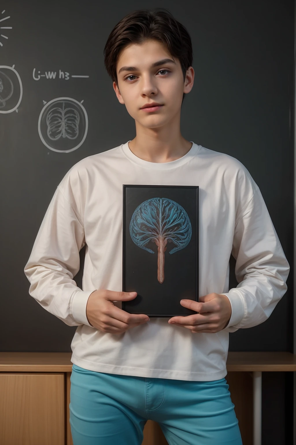 A beautiful young man, a cute male twink, with black hair, a face with reddish make-up, wearing a bright white long-sleeved shirt and aqua blue pants. He is in his office, and behind him is a blackboard on which is written the shape of the brain and its anatomy, and nuclear energy comes out of it.