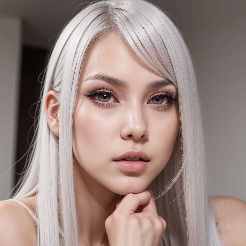 Young 19 years old woman, high cheekbones, mysterious gaze, heart faceshape, grey eyes, hunter eye shape, long eyelashes, big plastic surergy lips lips, small nose, white long hairs, precise long black eyeliner, long hair, white hair dye, asian eyes