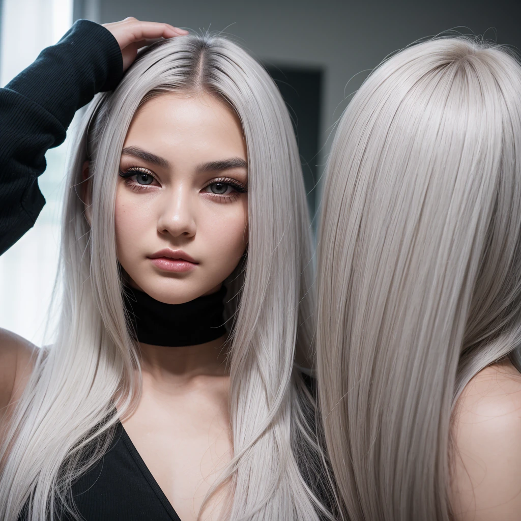 Young 19 years old woman, high cheekbones, mysterious gaze, heart faceshape, grey eyes, hunter eye shape, long eyelashes, big plastic surergy lips lips, small nose, white long hairs, precise long black eyeliner, long hair, white hair dye, asian eyes