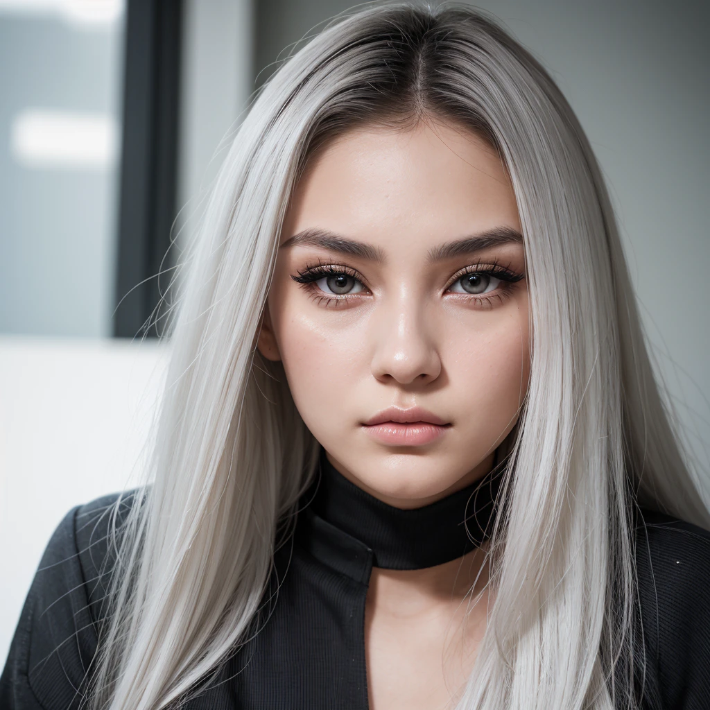 Young 19 years old woman, high cheekbones, mysterious gaze, heart faceshape, grey eyes, hunter eye shape, long eyelashes, big plastic surergy lips lips, small nose, white long hairs, precise long black eyeliner, long hair, white hair dye, asian eyes