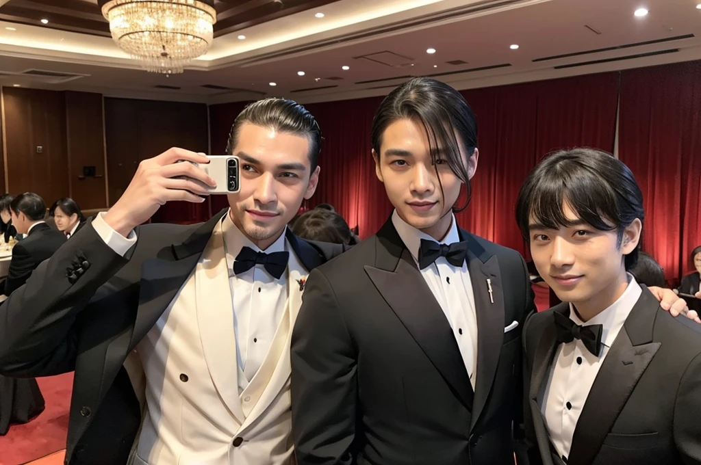 A man with his bangs down and a man with his hair slicked back are taking a photo together, Japanese, Luxury Suits, banquet hall