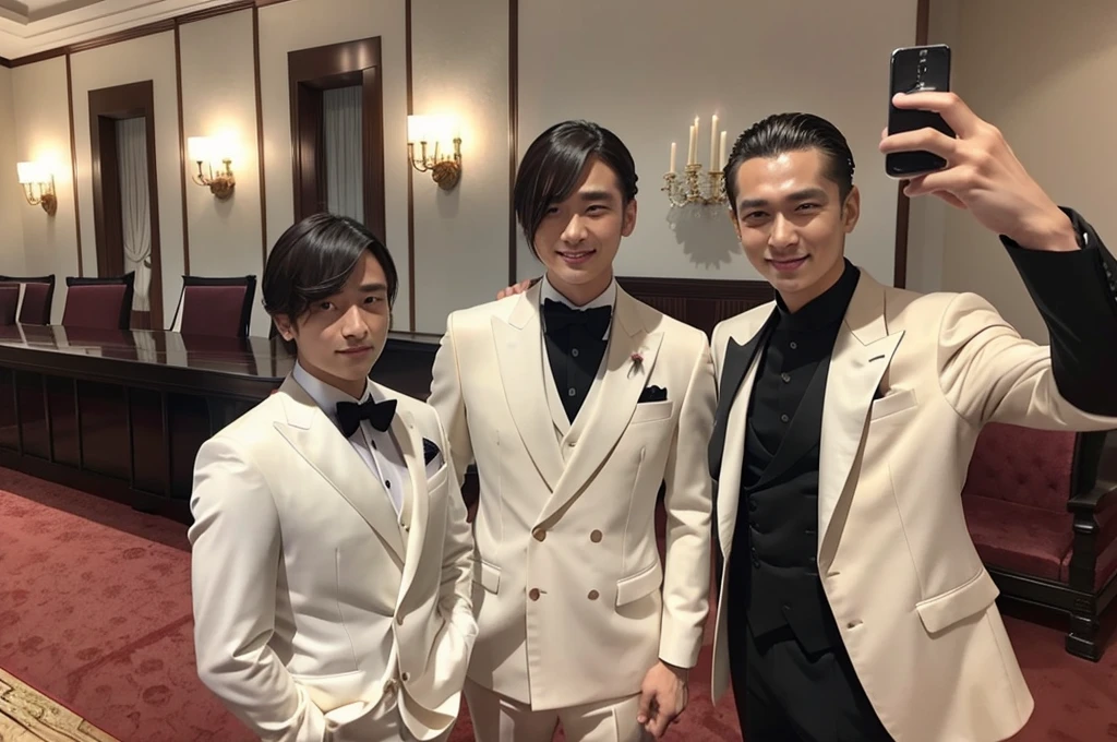 A man with his bangs down and a man with his hair slicked back are taking a photo together, Japanese, Luxury Suits, banquet hall
