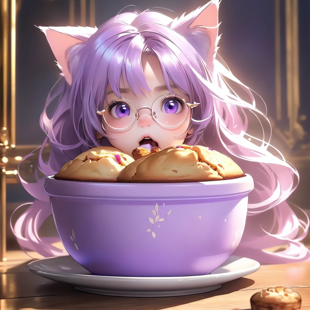 ((masterpiece)), (best quality), (ultra-detailed), photorealistic, (best illustration), ((an extremely delicate and beautiful)), 1boy, solo, long hair, lilac cat ears, [:lilac cat tail under:0.2], full body, very young, Cute, angry, eating muffin, territorial, hiding food from viewer, purple eyes, shortstack, kid, Crumbs on cheeks, glasses. 