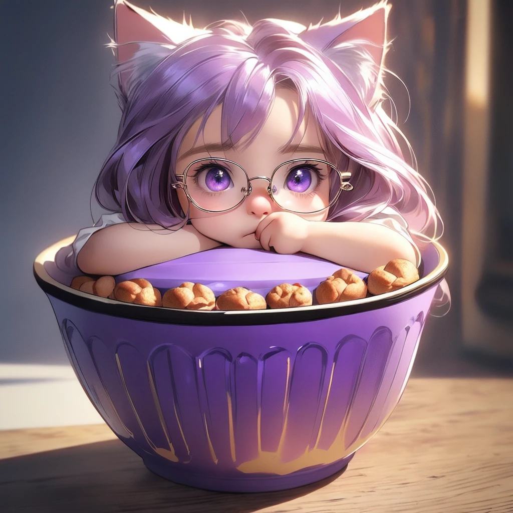 ((masterpiece)), (best quality), (ultra-detailed), photorealistic, (best illustration), ((an extremely delicate and beautiful)), 1boy, solo, long hair, lilac cat ears, [:lilac cat tail under:0.2], full body, very young, Cute, angry, eating muffin, territorial, hiding food from viewer, purple eyes, shortstack, ???, Crumbs on cheeks, glasses. 