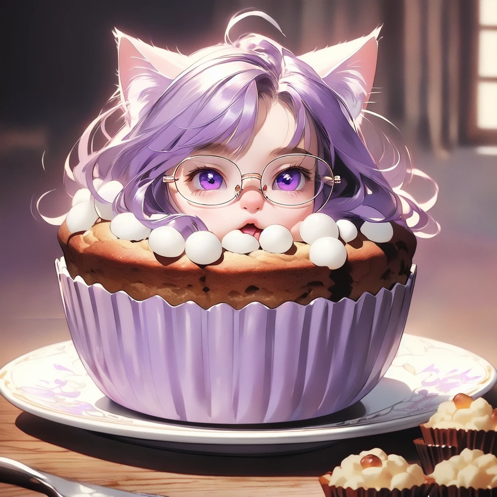 ((masterpiece)), (best quality), (ultra-detailed), photorealistic, (best illustration), ((an extremely delicate and beautiful)), 1boy, solo, long hair, lilac cat ears, [:lilac cat tail under:0.2], full body, very young, Cute, angry, eating muffin, territorial, hiding food from viewer, purple eyes, shortstack, kid, Crumbs on cheeks, glasses. 