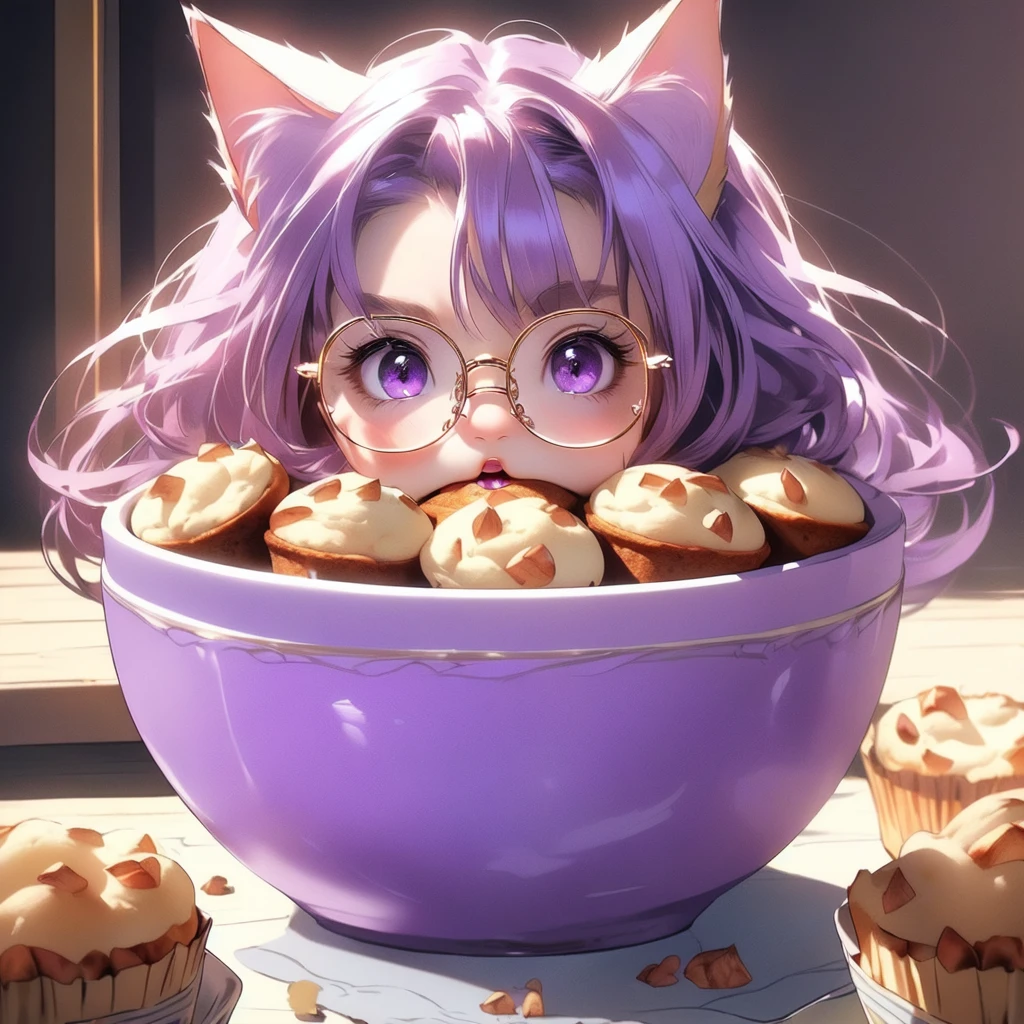 ((masterpiece)), (best quality), (ultra-detailed), photorealistic, (best illustration), ((an extremely delicate and beautiful)), 1boy, solo, long hair, lilac cat ears, [:lilac cat tail under:0.2], full body, very young, Cute, angry, eating muffin, territorial, hiding food from viewer, purple eyes, shortstack, ???, Crumbs on cheeks, glasses. 