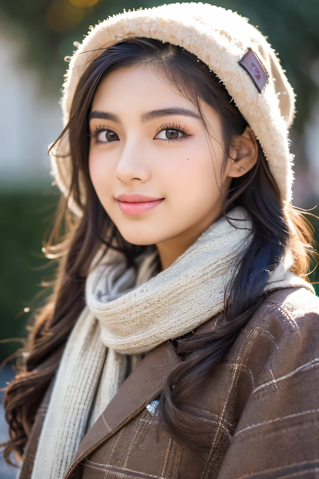 cute mexican college student, Winter fashion, Photorealsitic, Detailed skin, A detailed face, Detailed lips, Detailed eyebrows, PUPILS SPARKLING, depth of fields, ccurate, Super Detail, Best Quality, hight resolution, Anatomically correct, Textured skin, high details, High quality