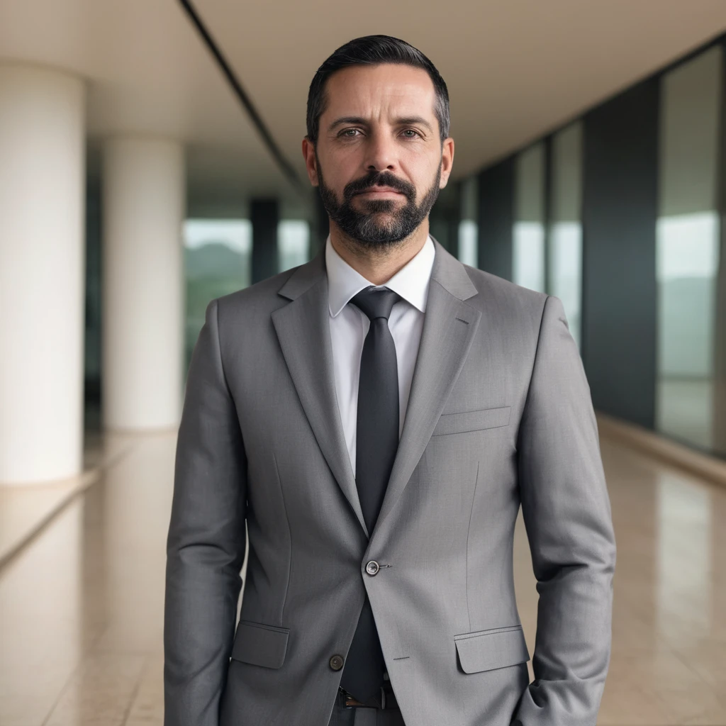 Man around 35 years old in a suit in hyperrealistic Brasilia