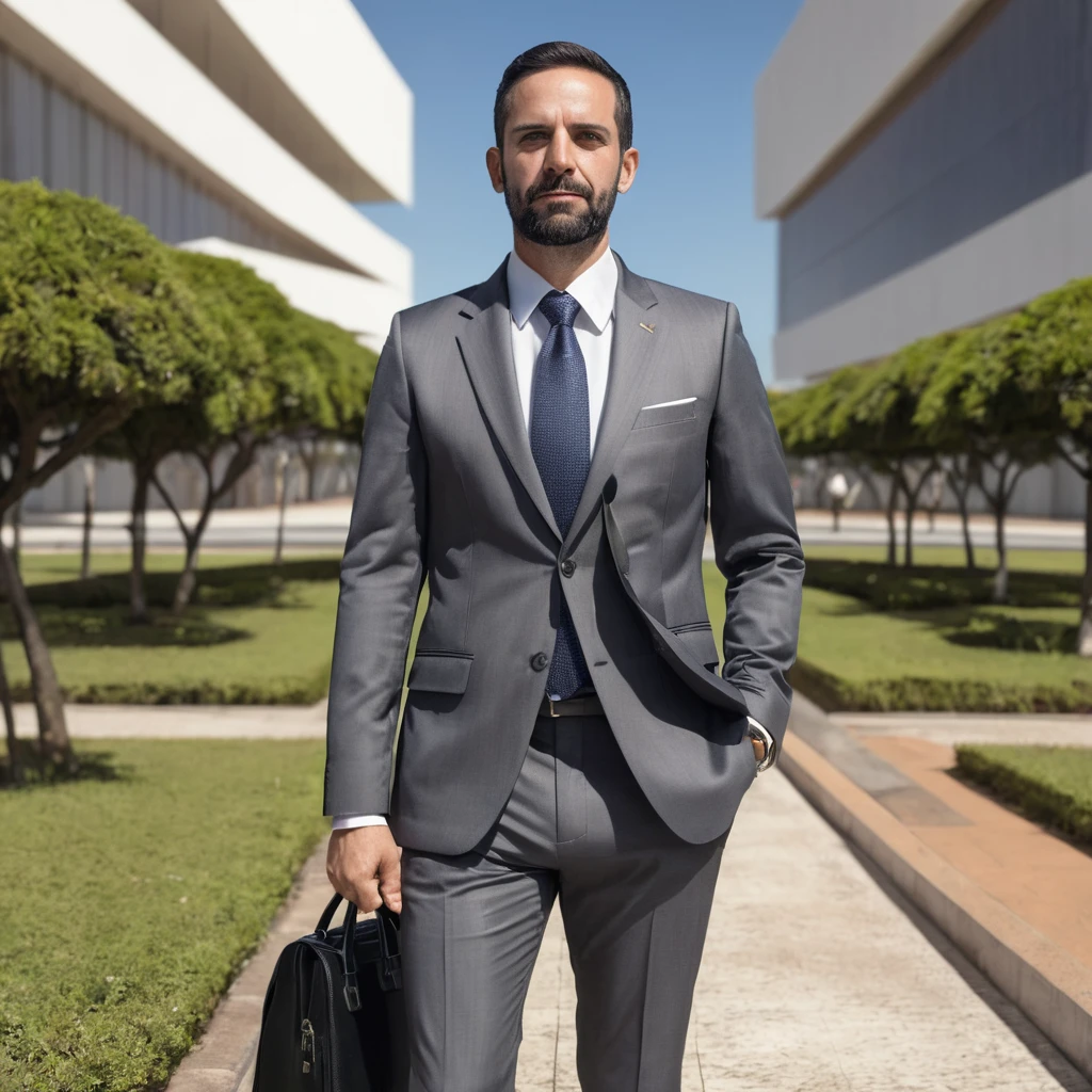 Man around 35 years old in a suit in hyperrealistic Brasilia