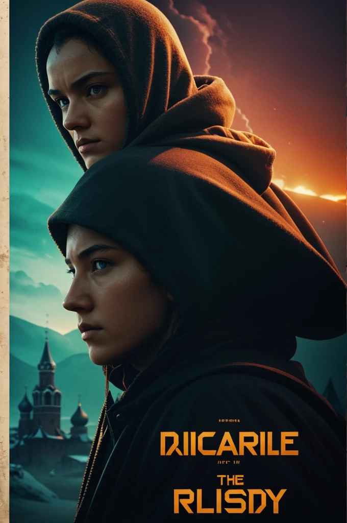Intensely the movie, a captivating poster for the movie "Dangerous Relations" The composition exudes cinematic lighting and color grading.A view from a height of 10 inches of a 15th-century Russian village. In the center a teenage man or woman with a hood on her head..A dark atmosphere of horror and hopelessness.The names of the actors "Fellype Light" are thrown in soft Russian font at the bottom. Inspired by the conceptual works of Maciej Kuciara, Jama Jurabayev, and Wojtek Fus, this poster incorporates a soft Russian typeface at the bottom. Inspired by the conceptual works of Maciej Kuciara, Jama Jurabayev and Wojtek Fus, this poster incorporates a rich cinematic color gradation reminiscent of Kodak Porta 400 and Cinestill 800 film, shot through a Leica M10 lens, with a cinematic high contrast