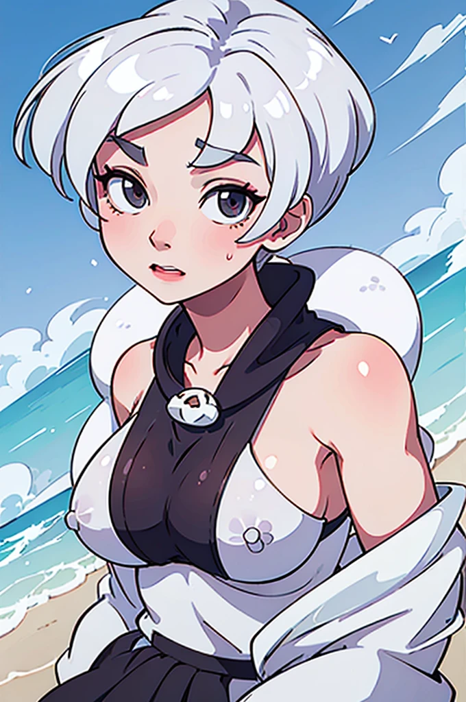 short white hair,large mammary glands,beach edge background